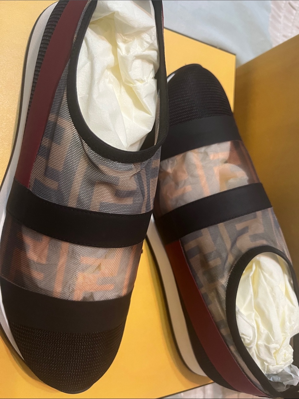 Fendi Black and Brown Mesh Slip-On Sneakers